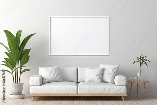 Blank horizontal poster frame mock up in minimal white style living room interior, modern living room and plants interior background.