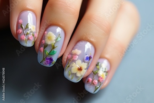 Beautiful multicolored flowers on a transparent lacquer on the nails.