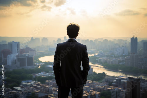 a businessman looks up at the skyscrapers of the metropolis. generative AI tools