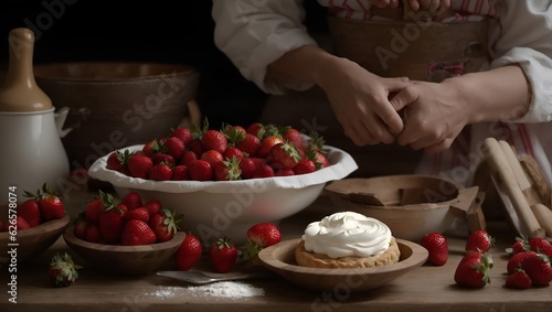 chef preparing food in kitchen, Antique kitchen table, antique pastry tools, fresh strawberries and fruit in an old wooden bowl. A pair of hands and arms dressed in white cotton rolling pastry. 