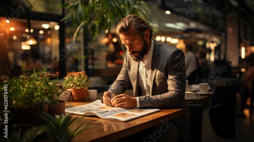 Amidst the aroma of coffee  a businessman engrossed in his business plan  outlining a path to success.