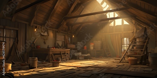 AI Generated. AI Generative. Vintage retro old antique wooden house interior warehouse storage shipping store shop. Business production home office. Graphic Art