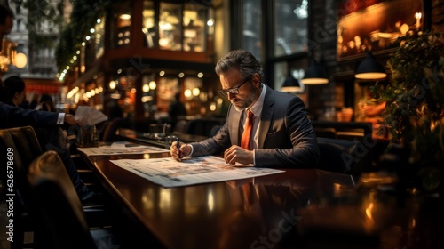In the cozy ambiance of a café, a determined businessman meticulously analyzing his business plan.