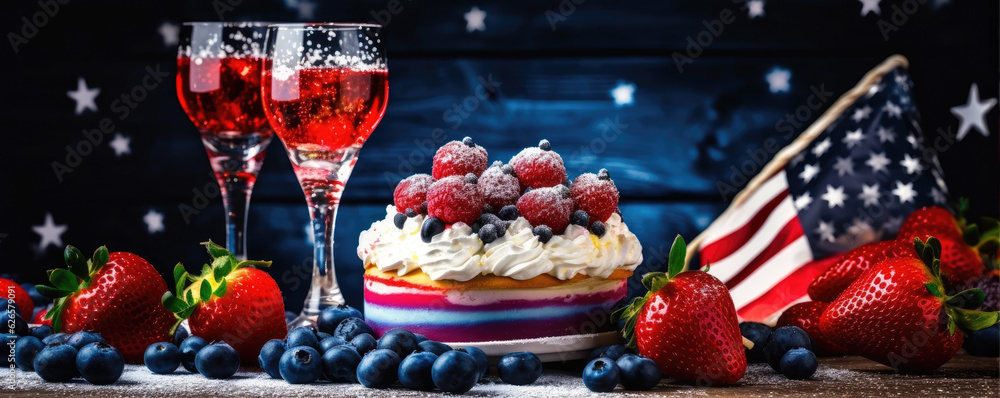 Independance day cake. or celebration cakes with blue and red usa colors. wide banner. Independance day cake. or celebration cakes with blue and red usa colors. wide banner.