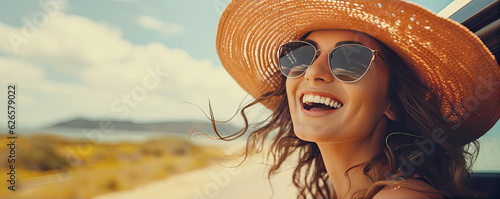 Cheerful beautiful woman portrait on seaside road. panorama vacation concept photo