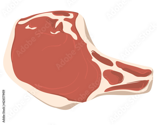 Piece of beef with bone. Sliced piece of ribeye raw fresh fleshy with pulp. Vector illustration in a flat style. Steak on a white plate in cartoon style.