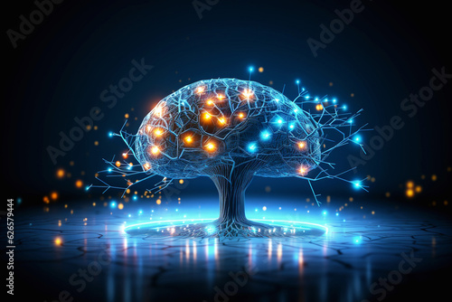 Digital brain and technology background. Human brain with roots and glowing neon lights. Digital communication of artificial intelligence and human intelligence. Digital tree of life. Generative AI. 