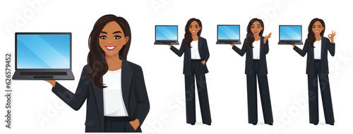 Indian elegant business woman showing blank screen laptop computer standing different posing isolated vector illustration