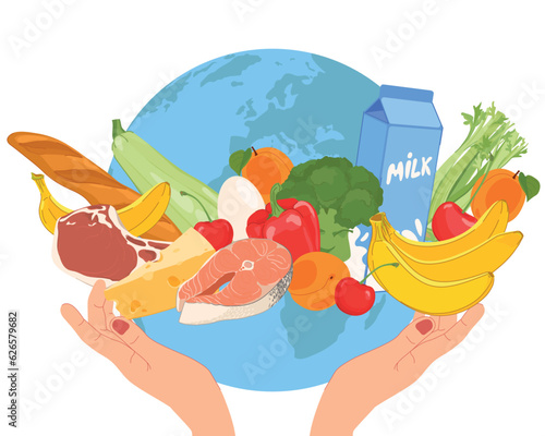 World Food Day. The concept of the importance of food safety, responsible nutrition and the elimination of food waste. Human hands hold the globe. Food in flat style.