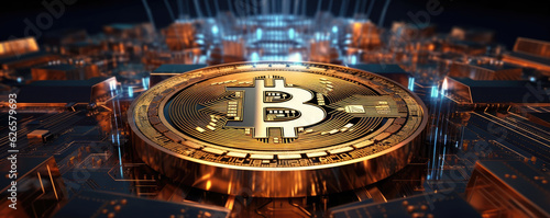 Bitcoin with gold lights. wide banner