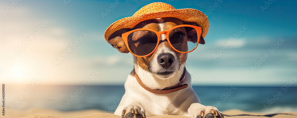 Cool dog with sunglasses and hat on the beach. copy space for text - obrazy, fototapety, plakaty 