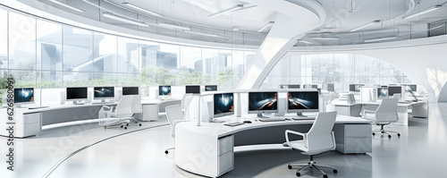 View of white and black open space office interior with computers on tables