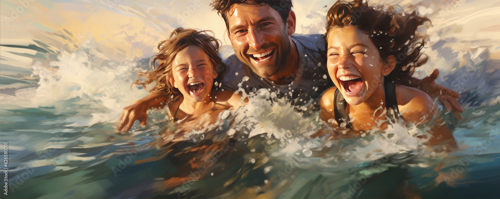 Happy familly having fun and smile in water sea waves. - obrazy, fototapety, plakaty 