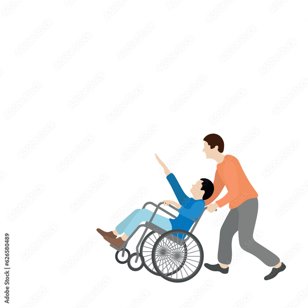 Two people in motion, one of them in a wheelchair, isolate on white, flat vector Two people in motion, one of them in a wheelchair, isolate on white, flat vector