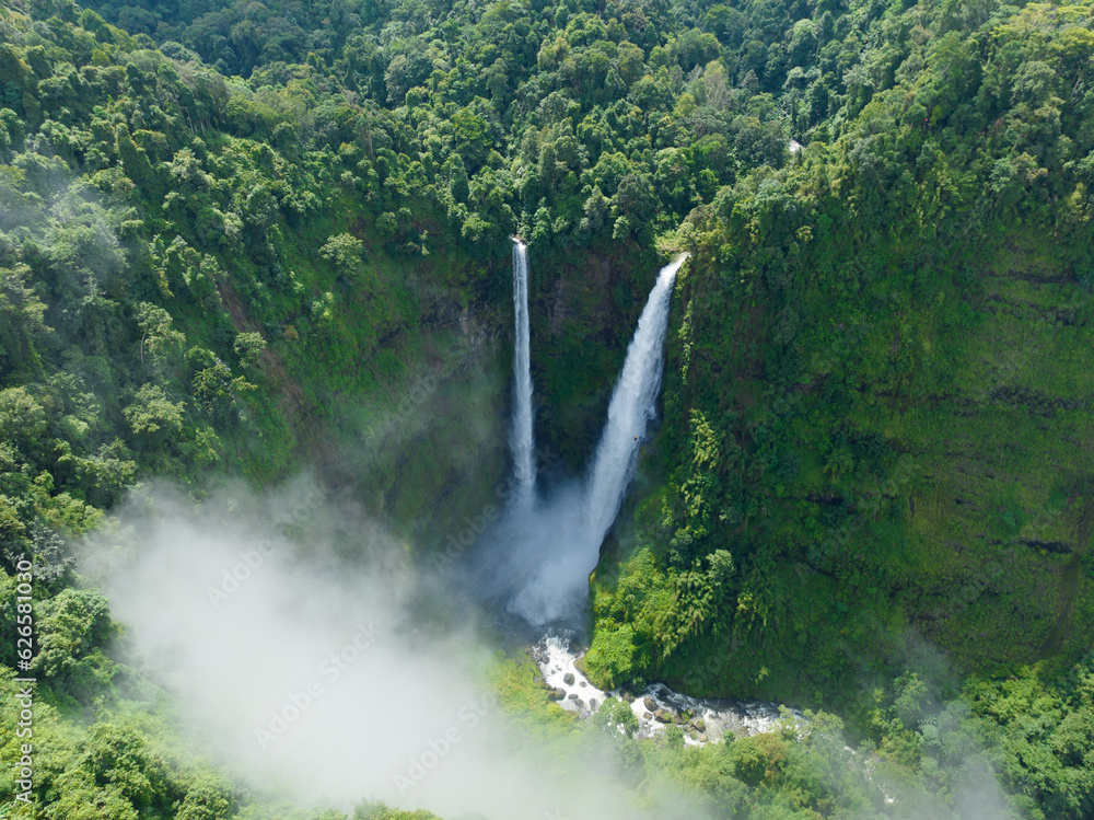 The Tad Fane waterfall, on the Bolaven Plateau in Laos, a few kilometers west of Paksong Town, in Champasak Province, within the Dong Houa Sao National Protected Area.bird eye view,aerial view
