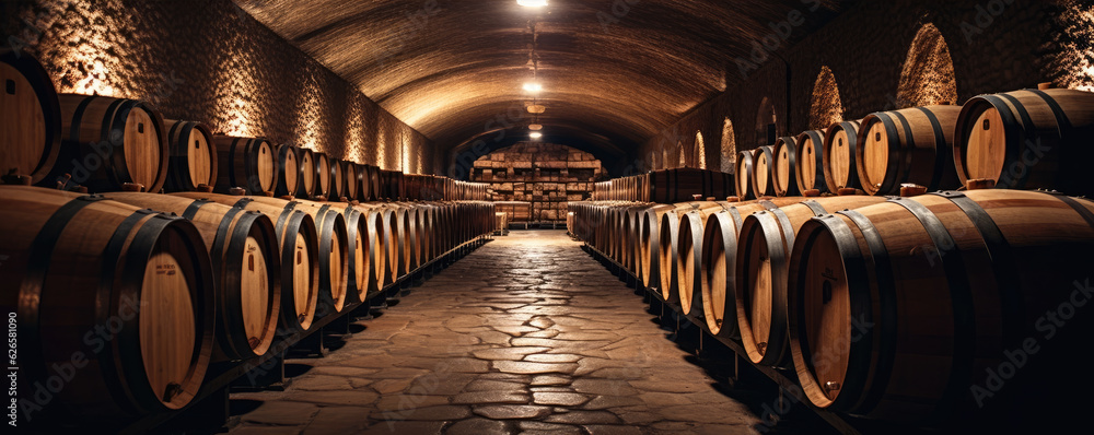 Old cellar with wine wooden barrels. copy space