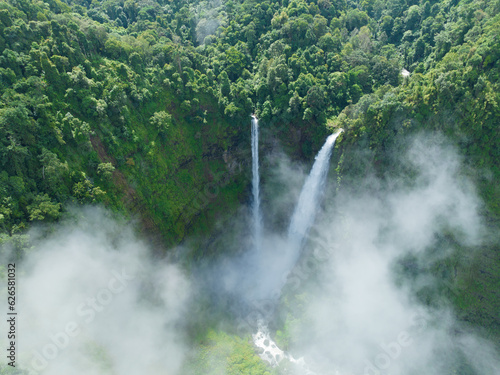 The Tad Fane waterfall  on the Bolaven Plateau in Laos  a few kilometers west of Paksong Town  in Champasak Province  within the Dong Houa Sao National Protected Area.bird eye view aerial view