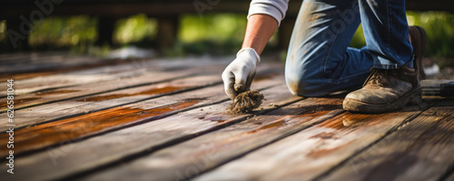 Hands detail of restore wooden terrace. wide banner photo