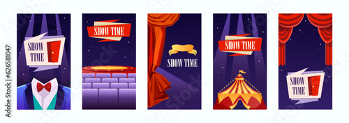 Show time. Set of cartoon templates for flyers, banners, tickets, flyers, posters. Vector baby illustration. Purple background, red curtain, costume and stage. Night show.