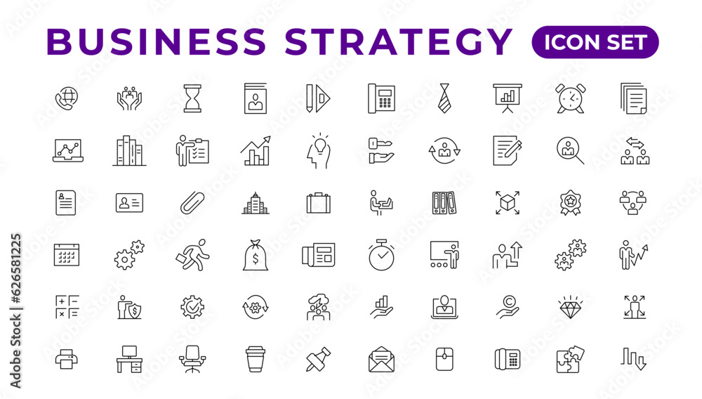 Business strategy set of web icons in line style. Business solutions icons for web and mobile app. Action List, research, solution, team, marketing, startup, advertising, business process Business strategy set of web icons in line style. Business solutions icons for web and mobile app. Action List, research, solution, team, marketing, startup, advertising, business process