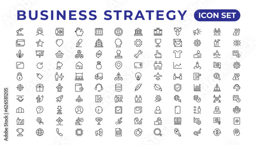 Business strategy set of web icons in line style. Business solutions icons for web and mobile app. Action List, research, solution, team, marketing, startup, advertising, business process