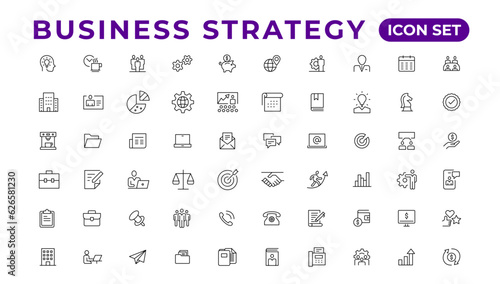 Business strategy set of web icons in line style. Business solutions icons for web and mobile app. Action List, research, solution, team, marketing, startup, advertising, business process