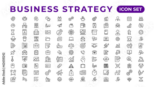 Business strategy set of web icons in line style. Business solutions icons for web and mobile app. Action List, research, solution, team, marketing, startup, advertising, business process