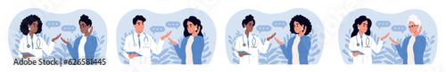 International Doctor's Day is celebrated of October. Doctors and patients of different races and ages. World Health Day. Male and female doctors talking to patients during consultation.