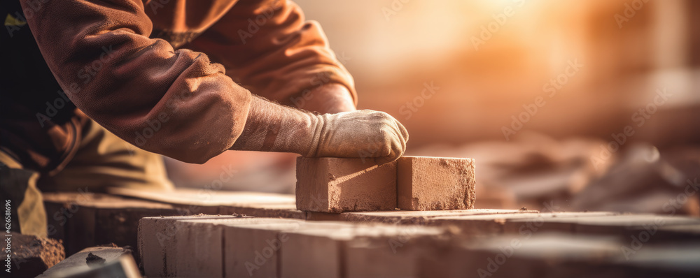 Close up hands of bricklayer, construction worker laying bricks, - obrazy, fototapety, plakaty 