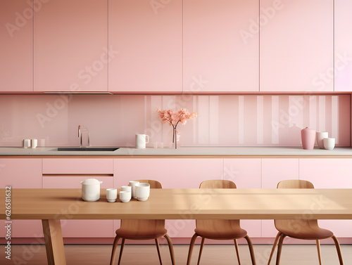 Modern kitchen interior design in pink with kitchen cabinets and chairs