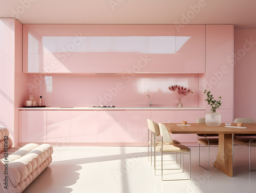 Modern and sleek kitchen interior design in pastel pink with dining table and chairs  natural light