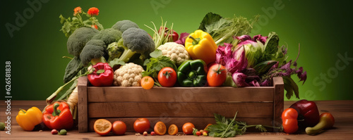 Fresh vegetables healthy raw food in a wooden box.