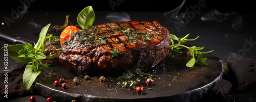 Roe or deer steak with basil pepper and salt on dark plate.