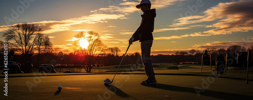 Young junior practicing golf in sunset evening golf field. photo