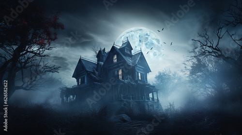 Photo of A spooky haunted house  shrouded in mist and illuminated by eerie moonlight  sends shivers down your spine halloween
