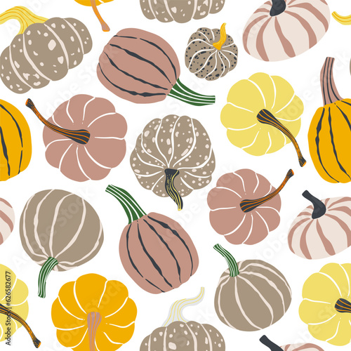 Cute elegant hand drawn pumpkins seamless pattern. Fall, autumn season vector background, wallpaper. Pumpkins repeat pattern for textile, paper design.