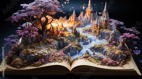 Generative AI  fantasy surrealism book, fantasy children book, book with 3d animation of fantasy fairy tales, fantasy world book , fantasy story 3d book 
