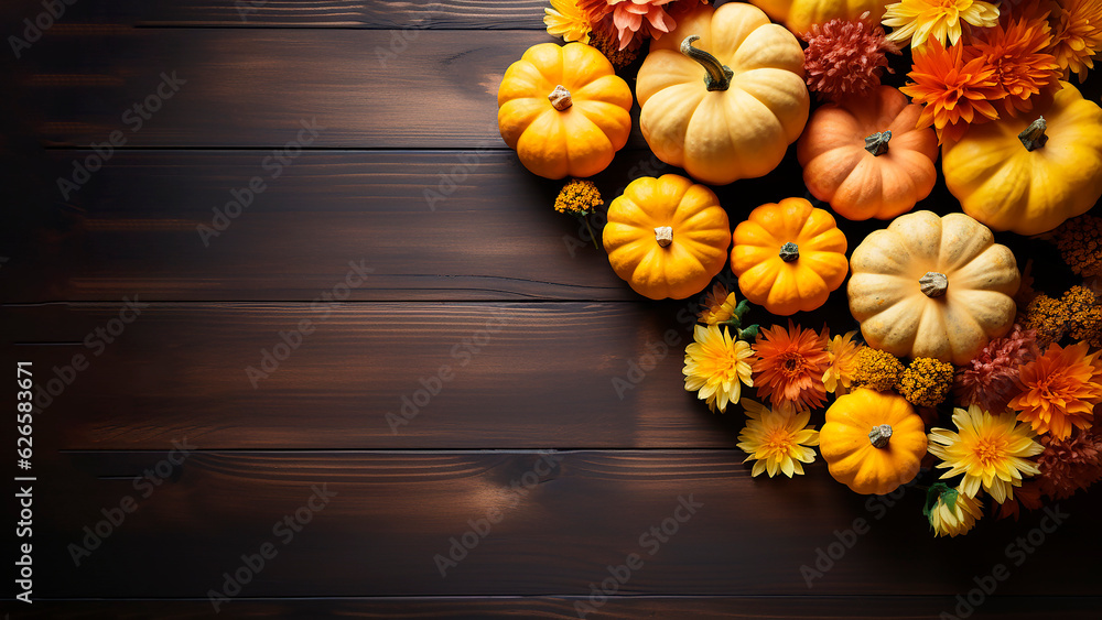 Fall flowers and pumpkins on a wooden background. Autumn banner. Harvest or Thanksgiving day concept. Copy space.