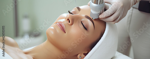 woman with perfect skin making Facial Hydro Microdermabrasion procedure. photo