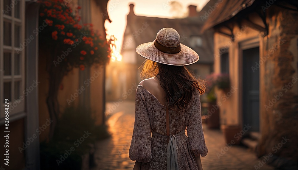 Casual traveller woman in casual cloth rear view of solo female traveller with old city town famous place serene and peaceful tourism moment summertime,ai generate