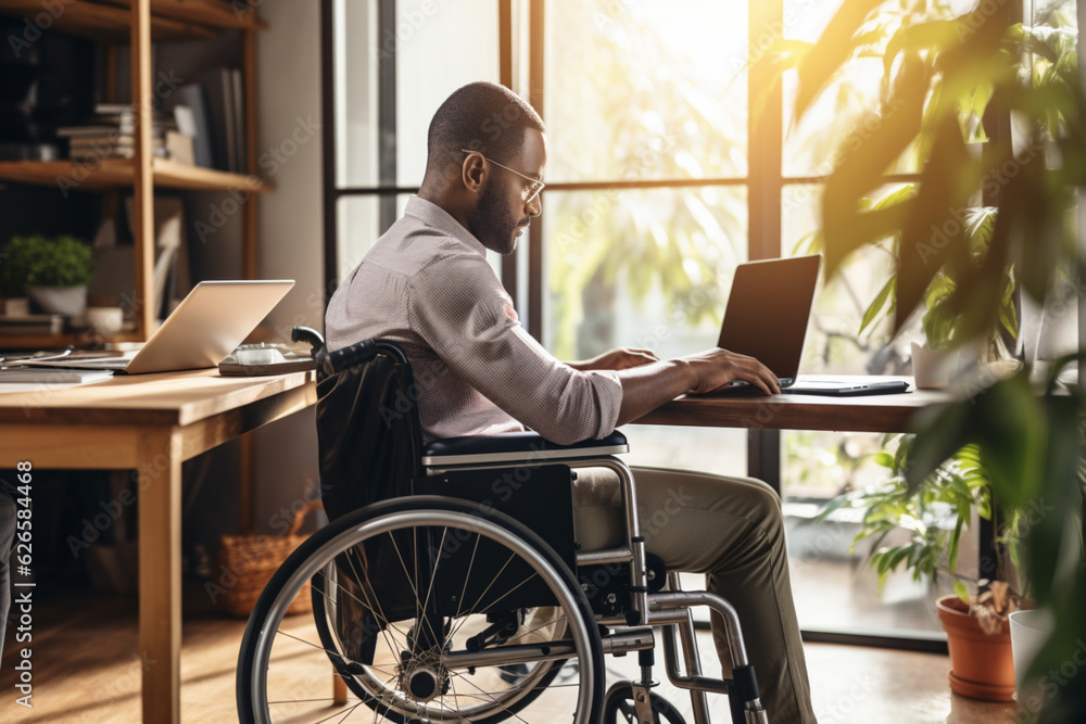 Focused black disabled man in wheelchair working with documents, using laptop at home office. Handicapped Afro man sitting at desk with computer, checking financial reports. Generative Ai