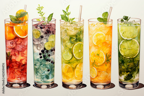 Set of watercolor summer drinks in transparent glasses on a light background. Menu concept. Generative AI