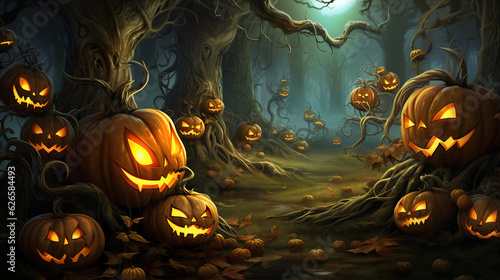 "Enchanted Pumpkin Patch" A whimsical Halloween wallpaper showcasing a magical pumpkin patch. Jack-o'-lanterns of various shapes and sizes fill the scene