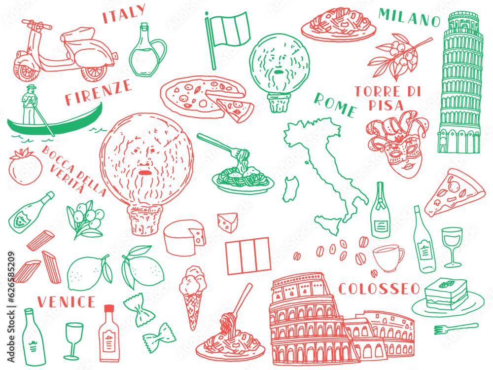 イタリア、ローマの線画イラスト(手描き、アート、ピサの斜塔、コロッセオ、ピザ、パスタ、チーズ、ゴンドラ) A line drawing illustration of Rome, Italy.Hand-drawn, art, Leaning Tower of Pisa, Colosseum, pizza, pasta, cheese and gondola. イタリア、ローマの線画イラスト(手描き、アート、ピサの斜塔、コロッセオ、ピザ、パスタ、チーズ、ゴンドラ) A line drawing illustration of Rome, Italy.Hand-drawn, art, Leaning Tower of Pisa, Colosseum, pizza, pasta, cheese and gondola.