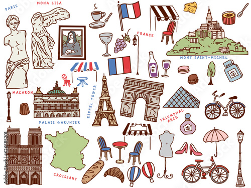 フランス、パリの線画イラスト(手描き、アート、凱旋門、エッフェル塔、ファッション、クロワッサン) A line drawing illustration of Paris, France.Hand-drawn, art, triumphal arch, Eiffel Tower, fashion and croissant.