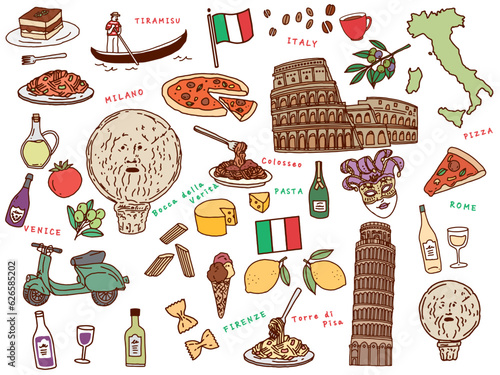 イタリア、ローマの線画イラスト(手描き、アート、ピサの斜塔、コロッセオ、ピザ、パスタ、チーズ、ゴンドラ) A line drawing illustration of Rome, Italy.Hand-drawn, art, Leaning Tower of Pisa, Colosseum, pizza, pasta, cheese and gondola.