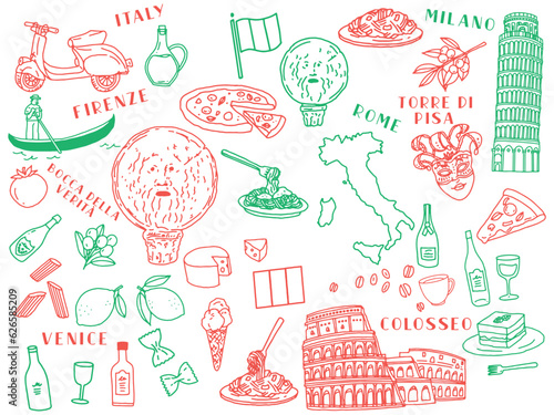 イタリア、ローマの線画イラスト(手描き、アート、ピサの斜塔、コロッセオ、ピザ、パスタ、チーズ、ゴンドラ) A line drawing illustration of Rome, Italy Fototapet
