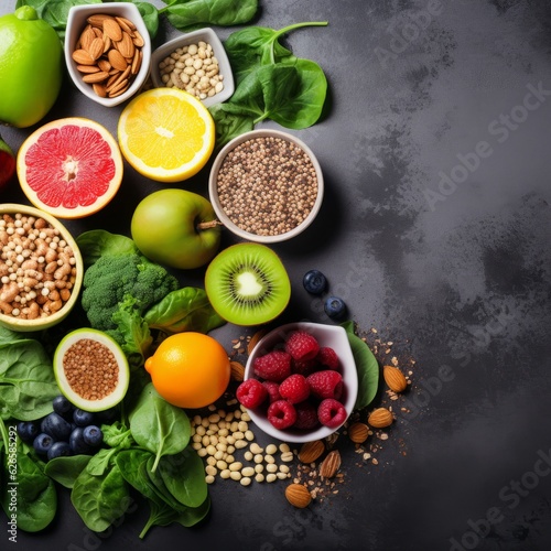 Wholesome Assortment of Fruits, Vegetables, Seeds, and Superfoods on a Serene Gray Concrete Background