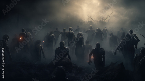 Photo of A zombie horde emerges from the mist, crawling out of their graves for a night of frights, halloween
