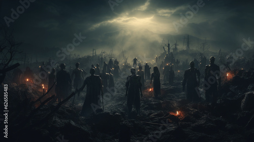 Photo of A zombie horde emerges from the mist, crawling out of their graves for a night of frights, halloween